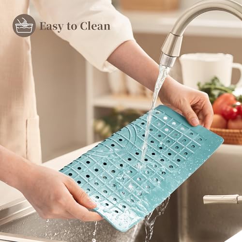 WILLKOMMEN Kitchen Sink Mat, 12" x 10" Rectangular Sink Protector Pad, Fast-Draining Grid Design Liner, Dish Drying Mat 2 Pack Mint Blue - Image 5