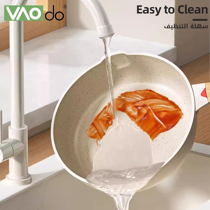 VAODO 32cm Nonstick Fry Pan with Glass Lid, Cooker Sauté Pan with Pour Spout, Ceramics Deep Skillet, for Stove, Induction, Gas - Image 3