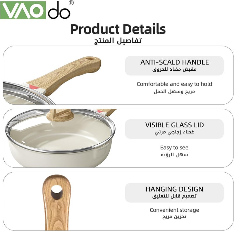 VAODO 32cm Nonstick Fry Pan with Glass Lid, Cooker Sauté Pan with Pour Spout, Ceramics Deep Skillet, for Stove, Induction, Gas - Image 2
