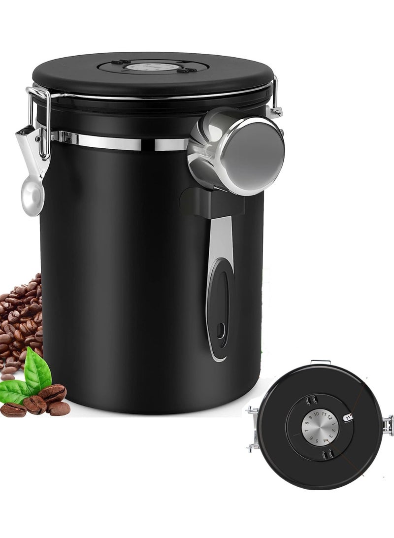 Coffee Canister, Airtight Stainless Steel Kitchen Food Storage Container with Date Tracker and Scoop for Beans, Grounds, Tea, Flour, Cereal, Sugar, 1.8L, Black - Image 1