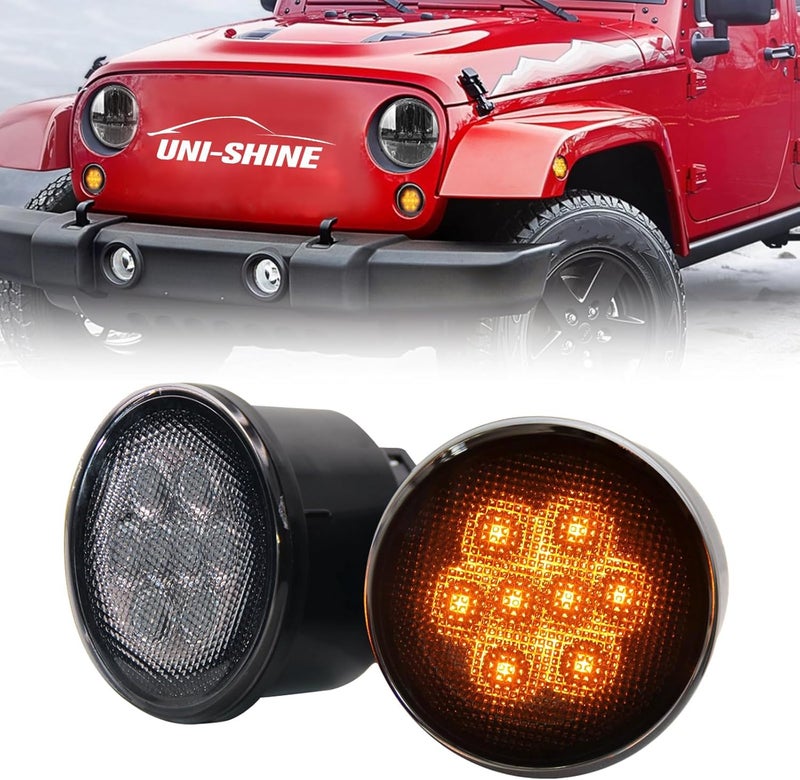 UNI-SHINE Turn Signal Lights Smoke Lens Amber Led Front Grill Indicator Parking Lights Compatible with Jeep Wrangler JK JKU 2007-2017,3500K Blinker - Image 1