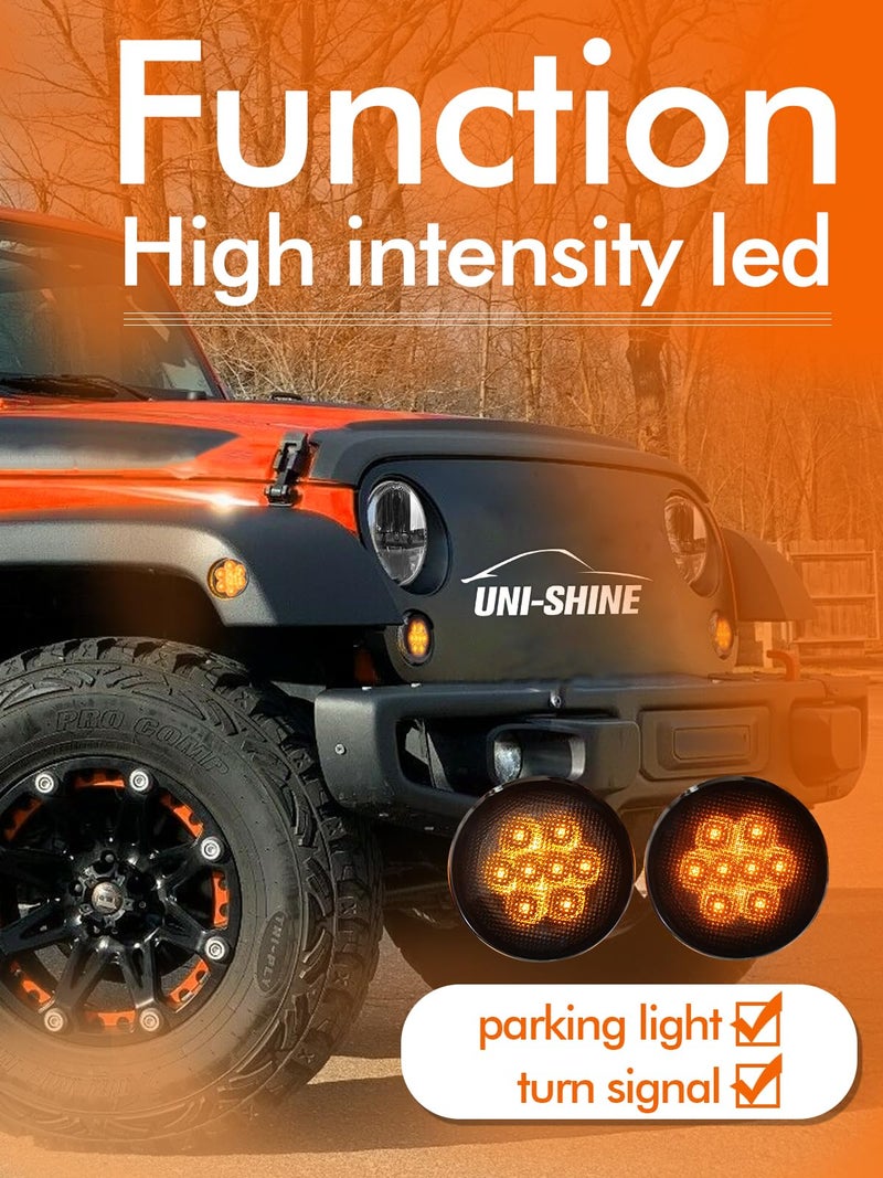 UNI-SHINE Turn Signal Lights Smoke Lens Amber Led Front Grill Indicator Parking Lights Compatible with Jeep Wrangler JK JKU 2007-2017,3500K Blinker - Image 2
