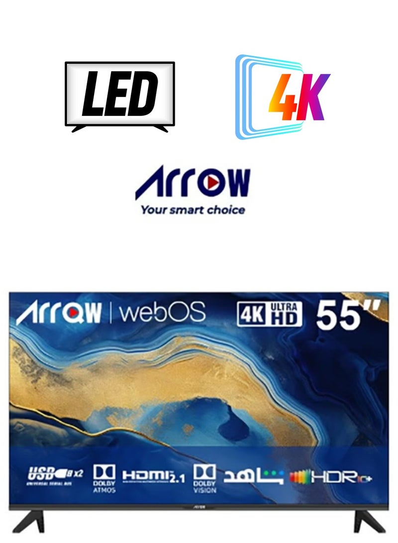 ARRQW 55 Inch 4K Smart LED TV, webOS 2.0, UHD 3840x2160 Resolution, 16:9 Aspect Ratio, 1.5GB RAM, 8GB ROM, Dolby Atmos, DTS Premium Sound, Bluetooth Audio, HDR10+, 3 HDMI & 2 USB Ports, Hand-Free Voice Control, WiFi | RO-55LPW - Image 1
