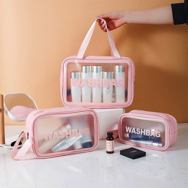 Salepush Cosmetic Wash Bag Makeup Pouch Travel Transparent Toiletry Zipper Wash Bag with Handle Household Grooming Kit Portable Organizer Pouch for Women Men 3 pcs Pink wash Bag - Image 2