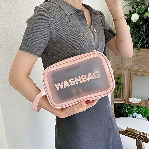 Salepush Cosmetic Wash Bag Makeup Pouch Travel Transparent Toiletry Zipper Wash Bag with Handle Household Grooming Kit Portable Organizer Pouch for Women Men 3 pcs Pink wash Bag - Image 3