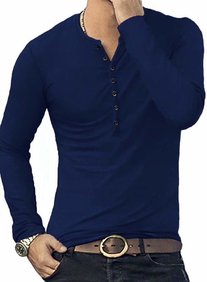 YTD Mens Casual Slim Fit Basic Henley Long Sleeve Fashion T-Shirt S Navy - Image 4