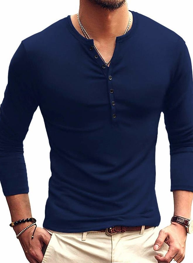 YTD Mens Casual Slim Fit Basic Henley Long Sleeve Fashion T-Shirt S Navy - Image 1