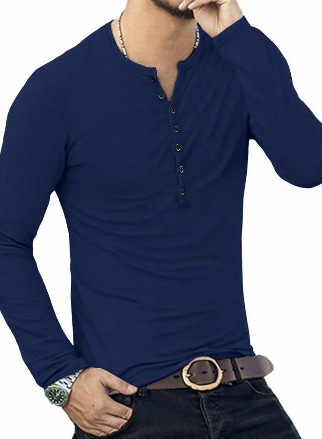 YTD Mens Casual Slim Fit Basic Henley Long Sleeve Fashion T-Shirt S Navy - Image 5