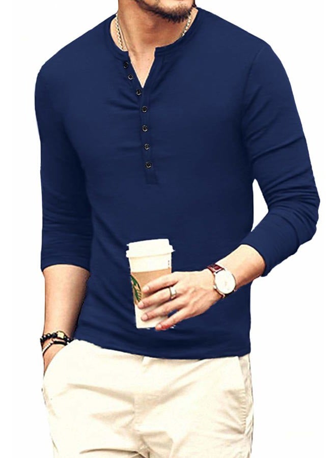 YTD Mens Casual Slim Fit Basic Henley Long Sleeve Fashion T-Shirt S Navy - Image 2