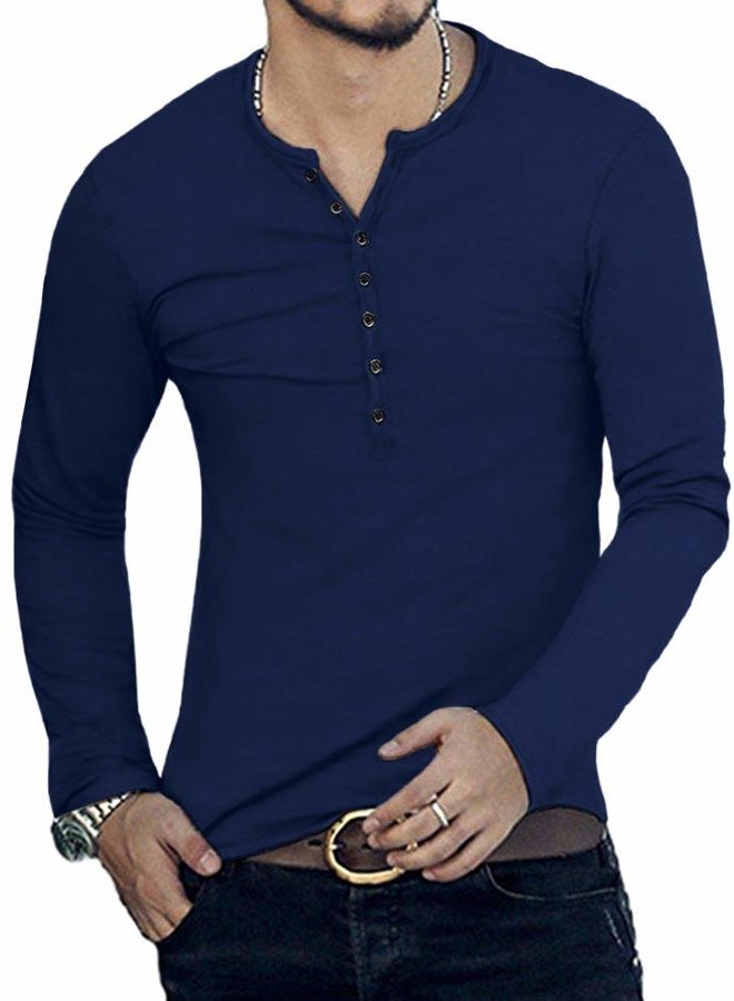 YTD Mens Casual Slim Fit Basic Henley Long Sleeve Fashion T-Shirt S Navy - Image 3