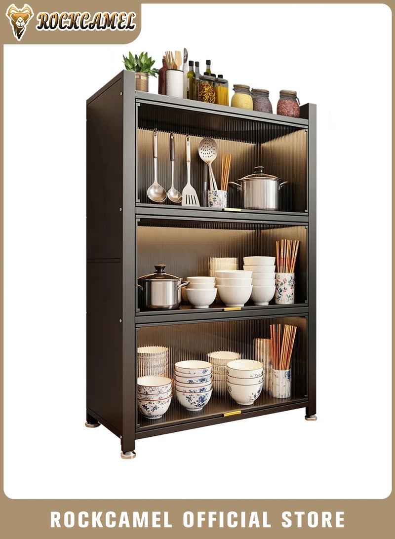 ROCKCAMEL خزانة مطبخ مكونة من 4 طبقات، حامل مع 3 أبواب تفتيش لأعلى، هيكل معدني متين وألواح أكريليك شفافة، رف تخزين للمرآب ومخزن المؤن ومطبخ المنزل (رمادي، 60 * 35 * 110 سم) - Image 1