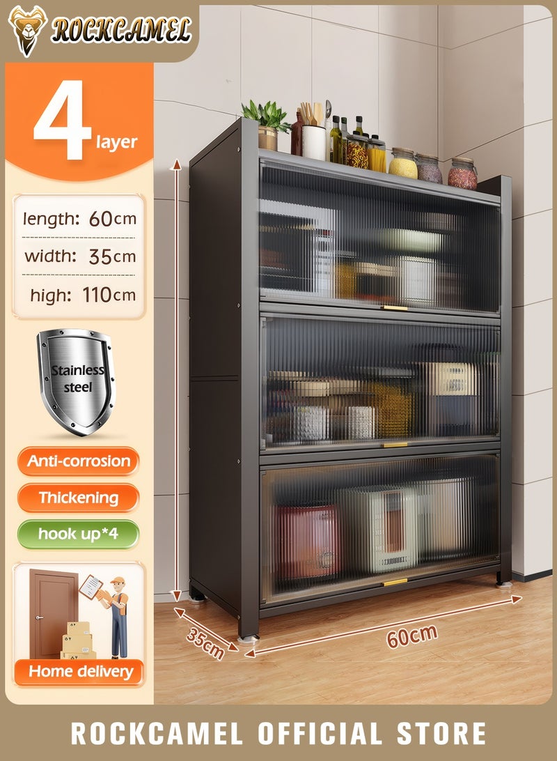 ROCKCAMEL خزانة مطبخ مكونة من 4 طبقات، حامل مع 3 أبواب تفتيش لأعلى، هيكل معدني متين وألواح أكريليك شفافة، رف تخزين للمرآب ومخزن المؤن ومطبخ المنزل (رمادي، 60 * 35 * 110 سم) - Image 2
