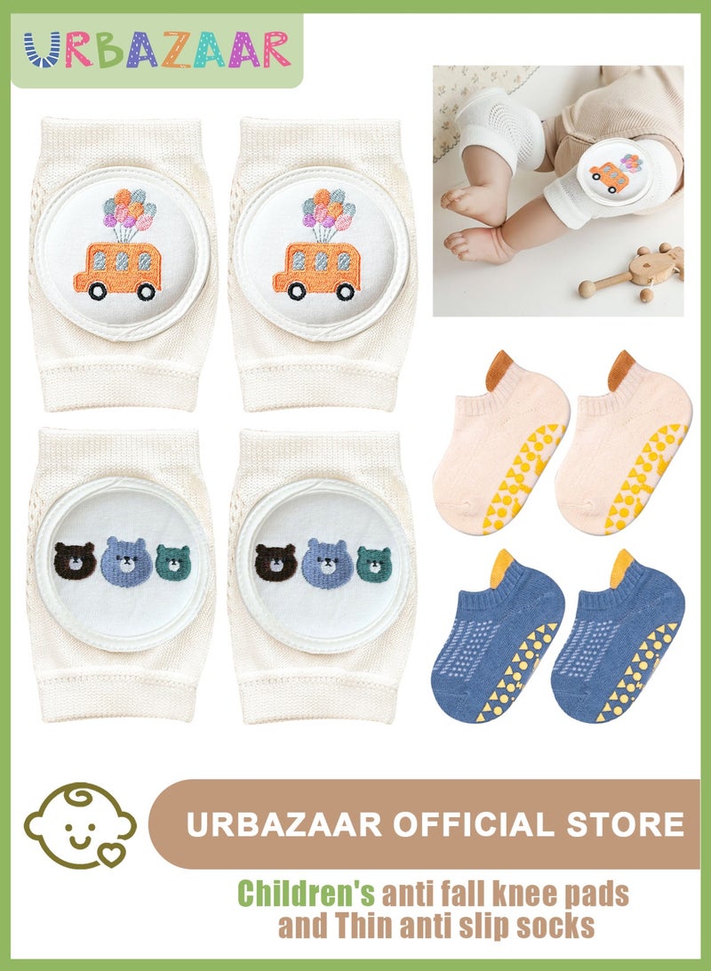 أوربازار مجموعة من قطعتين من وسادات الركبة والجوارب المضادة للانزلاق للأطفال حديثي الولادة من الجنسين، لحماية الركبة والكاحل (سيارة ودب) للأطفال من عمر 1 إلى 3 سنوات - Image 1