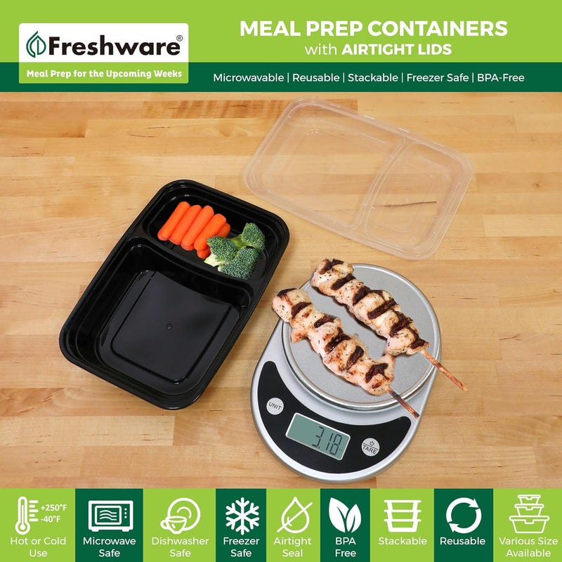 Freshware حاويات تحضير الوجبات من فريش وير 15 عبوة 2 قسم مع أغطية حاويات تخزين الطعام صندوق بنتو خالي من BPA قابلة للتكديس آمنة في الميكروويف وغسالة الصحون والفريزر 28 أونصة باللون الأسود - Image 2