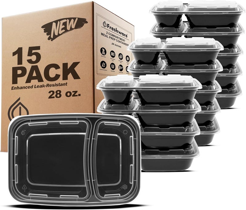 Freshware حاويات تحضير الوجبات من فريش وير 15 عبوة 2 قسم مع أغطية حاويات تخزين الطعام صندوق بنتو خالي من BPA قابلة للتكديس آمنة في الميكروويف وغسالة الصحون والفريزر 28 أونصة باللون الأسود - Image 1