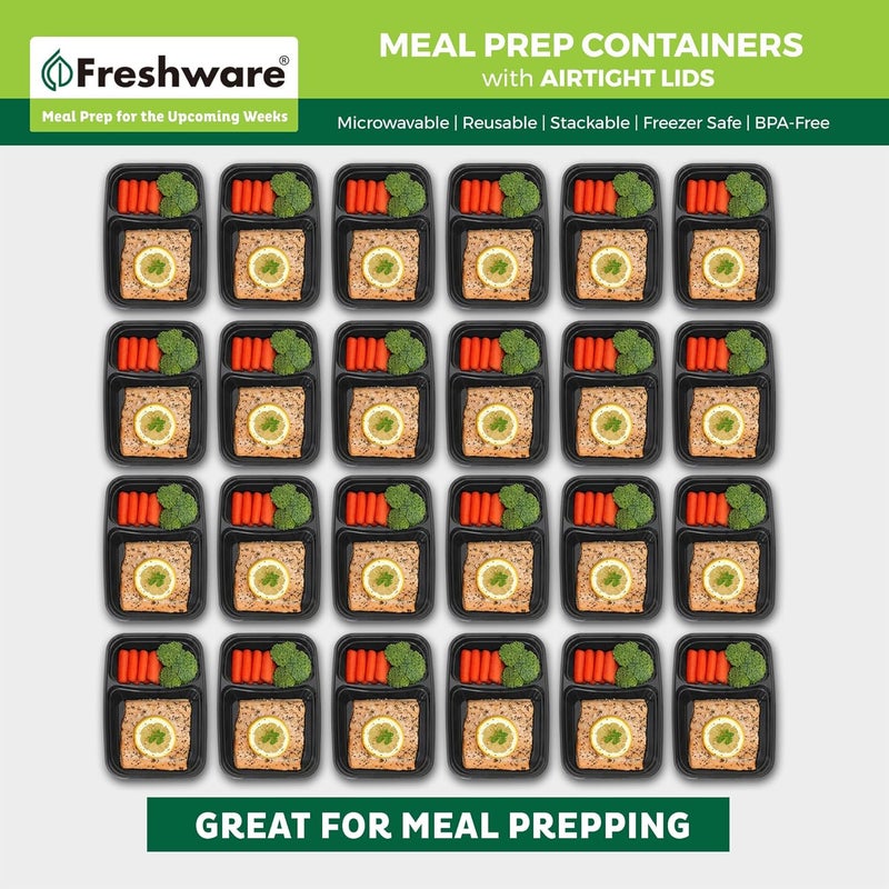 Freshware حاويات تحضير الوجبات من فريش وير 15 عبوة 2 قسم مع أغطية حاويات تخزين الطعام صندوق بنتو خالي من BPA قابلة للتكديس آمنة في الميكروويف وغسالة الصحون والفريزر 28 أونصة باللون الأسود - Image 3
