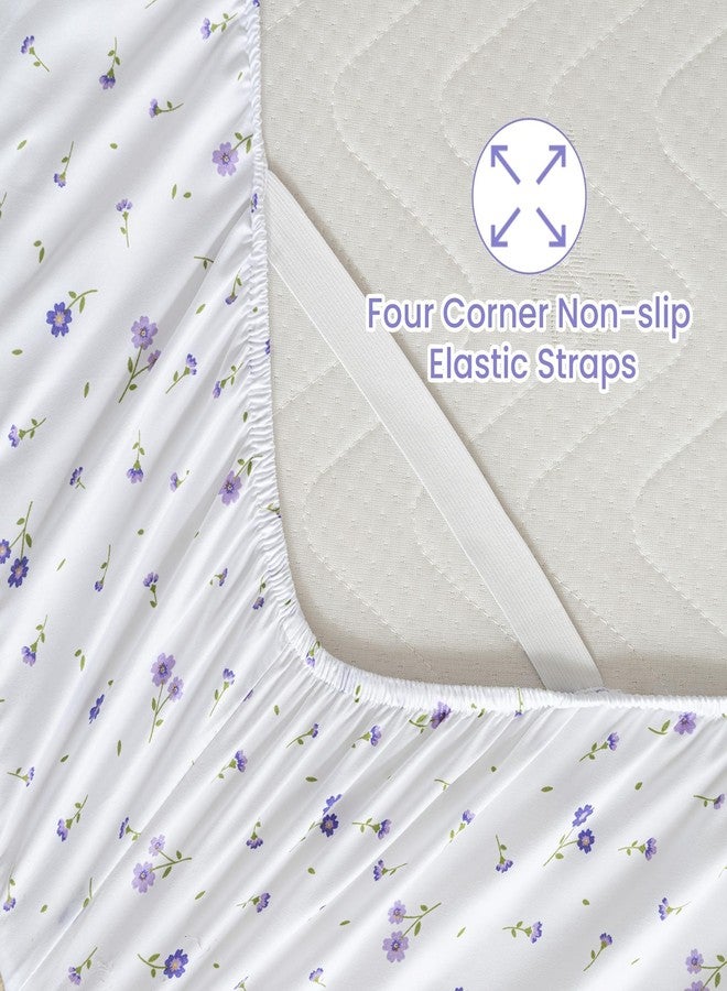 سوفتان طقم ملاءات سرير سوفتان كامل مزين بنقوش زهور بنفسجية، ملاءات سرير مطبوعة مزدوجة - 4 قطع من المايكروفايبر بنقوش، ملاءات مثبتة كاملة بجيب عميق 15 بوصة - Image 2