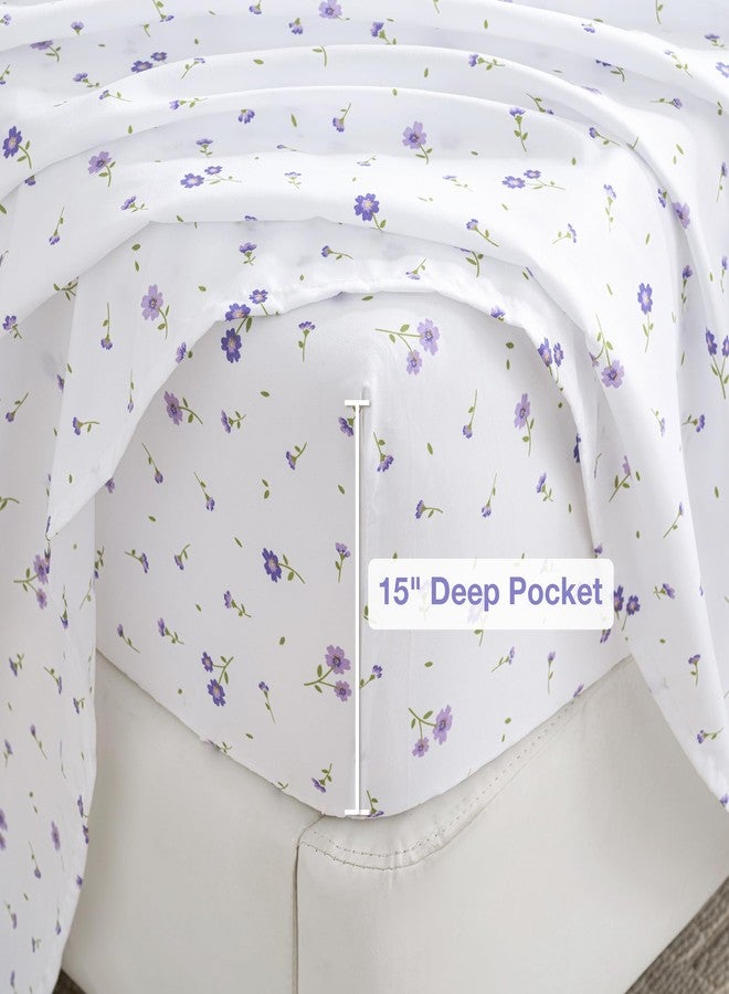 سوفتان طقم ملاءات سرير سوفتان كامل مزين بنقوش زهور بنفسجية، ملاءات سرير مطبوعة مزدوجة - 4 قطع من المايكروفايبر بنقوش، ملاءات مثبتة كاملة بجيب عميق 15 بوصة - Image 3