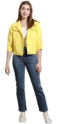 loveimgs Women Casual 34 Sleeve Button Down Cropped Denim Jean Jacket Motorcycle Short Jacket Small Yellow - Image 3