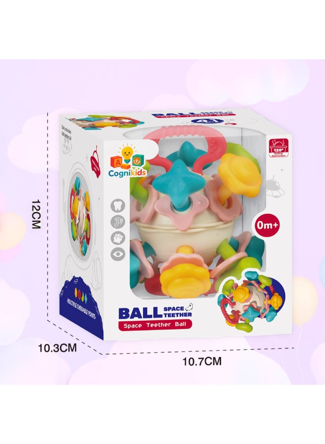 COGNIKIDS كرة عضاضة فضائية للأطفال 4 في 1 – لعبة مضغ ناعمة للرضع 0M+ | عضاضة حسية خالية من BPA مع جرس، صوت ملتوي، قبضة سهلة | آمنة للغلي | لعبة تخفيف لثة حديثي الولادة - Image 3