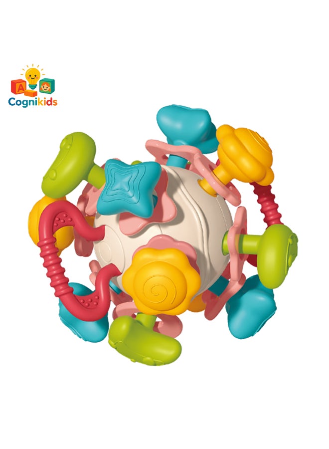 COGNIKIDS كرة عضاضة فضائية للأطفال 4 في 1 – لعبة مضغ ناعمة للرضع 0M+ | عضاضة حسية خالية من BPA مع جرس، صوت ملتوي، قبضة سهلة | آمنة للغلي | لعبة تخفيف لثة حديثي الولادة - Image 2