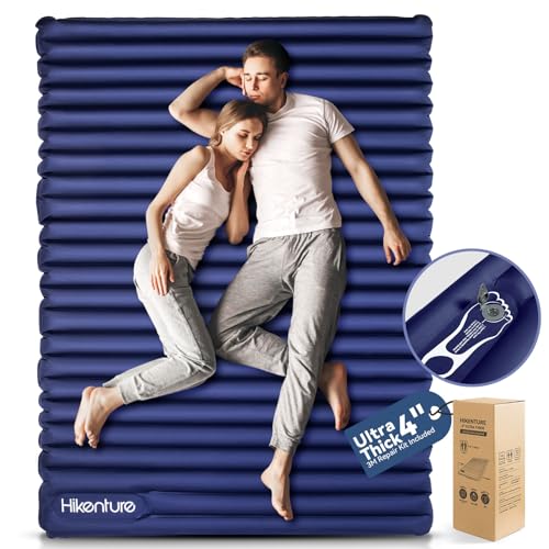 Hikenture Double Sleeping Pad for Camping 4 ExtraThick Camping Mattress 2 Person Inflatable  Ultralight Sleeping Mat for Backpacking Hiking Navy Foot Pump Full XL