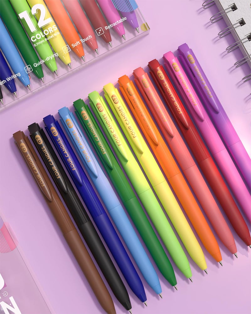 Four Candies Quick Dry Ink Colored Pens Set, 12 Colors Retractable Gel Pens, 0.7mm Fine Point Colorful Pen for Note Taking & Drawing, Colored Gel Pen with Comfort Grip for Office, School & Home - Image 4