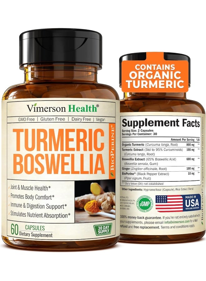 Vimerson Health Turmeric Curcumin With Bioperine, Boswellia And Ginger. Advanced Turmeric Combination. Promotes Healthy Cartilage Function. Vegan, Gluten-Free, Non-Gmo, Natural. 60 Vegetarian Capsules.  - Image 1