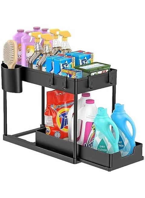 Under sliding cabinet basket organizer, 2 tier storage under cabinet bathroom under sink organizers and storage black under sink storage, multi purpose storage shelf for kitchen, bathroom, office