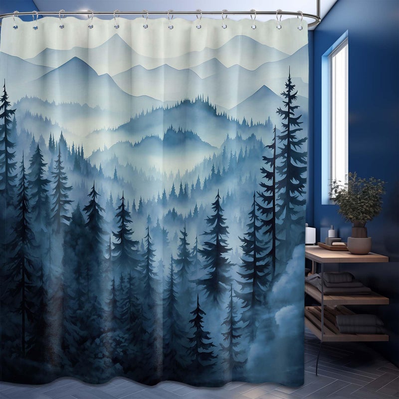 QGHOT Navy Blue Forest Shower Curtain Dark Blue Mountain Nature Shower Curtains for Mens Bathroom Decor, Waterproof Fabric with Hooks, 70x72in - Image 2