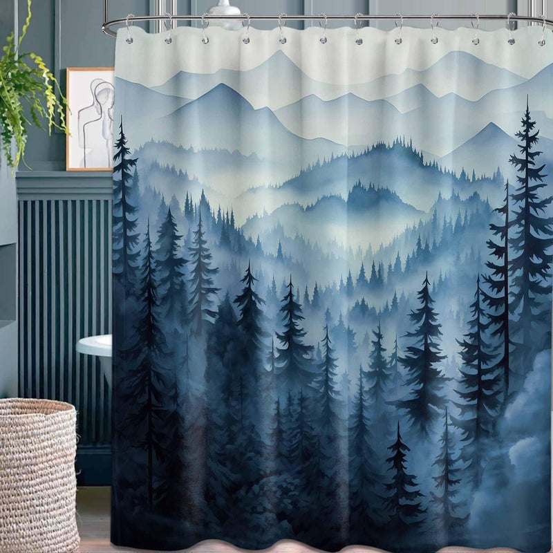 QGHOT Navy Blue Forest Shower Curtain Dark Blue Mountain Nature Shower Curtains for Mens Bathroom Decor, Waterproof Fabric with Hooks, 70x72in - Image 1