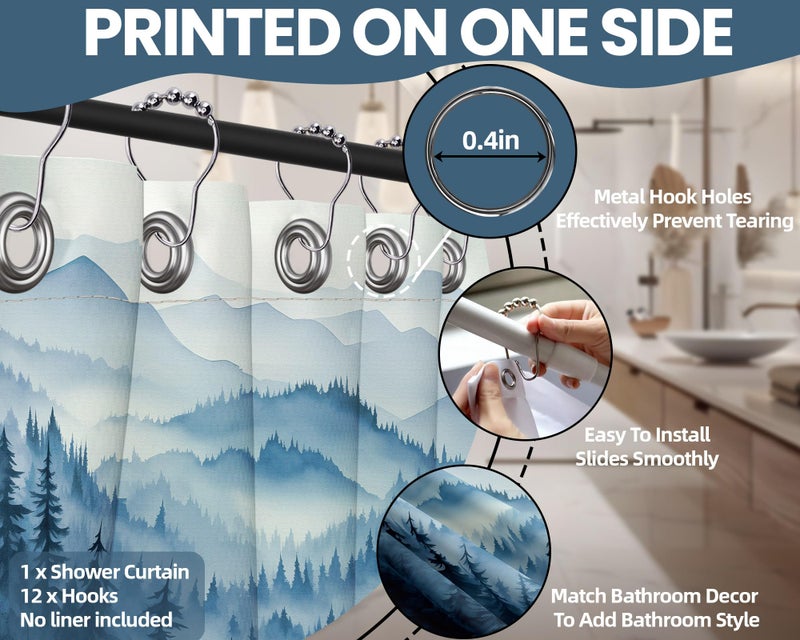 QGHOT Navy Blue Forest Shower Curtain Dark Blue Mountain Nature Shower Curtains for Mens Bathroom Decor, Waterproof Fabric with Hooks, 70x72in - Image 5
