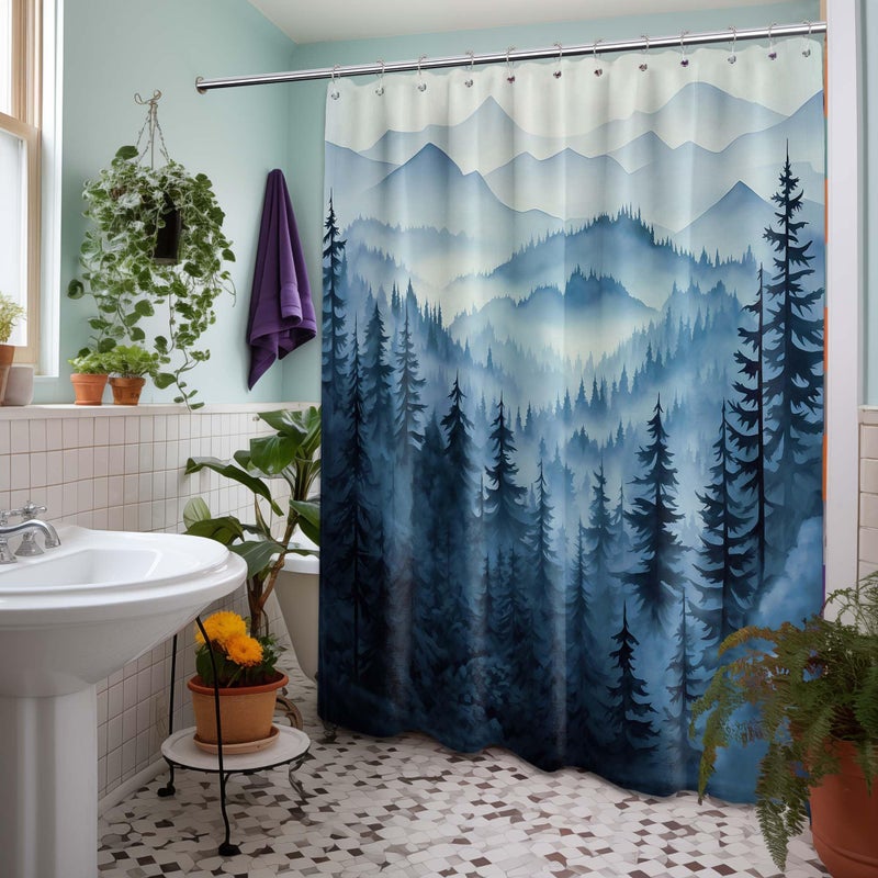 QGHOT Navy Blue Forest Shower Curtain Dark Blue Mountain Nature Shower Curtains for Mens Bathroom Decor, Waterproof Fabric with Hooks, 70x72in - Image 3