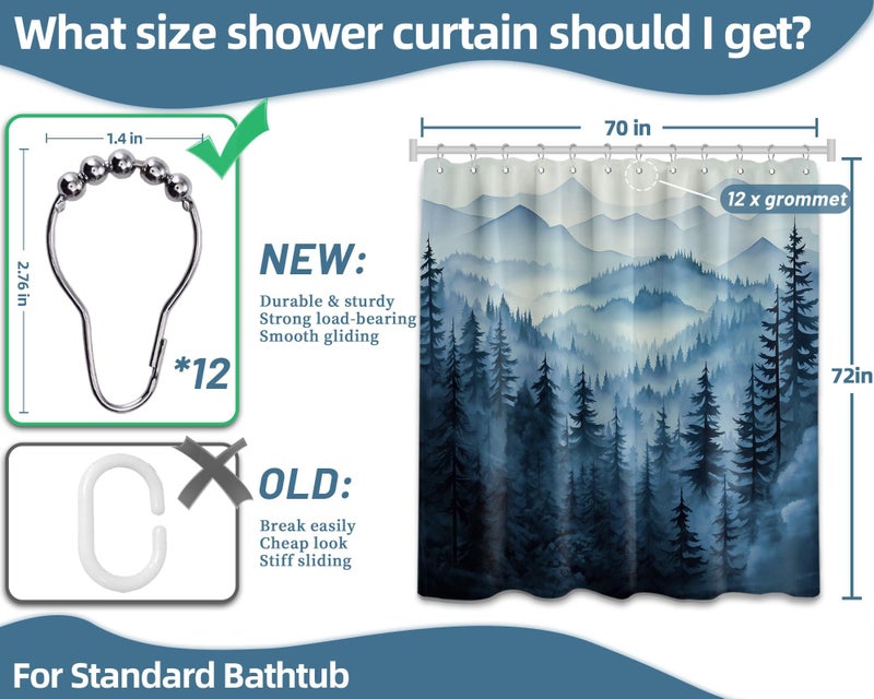 QGHOT Navy Blue Forest Shower Curtain Dark Blue Mountain Nature Shower Curtains for Mens Bathroom Decor, Waterproof Fabric with Hooks, 70x72in - Image 4