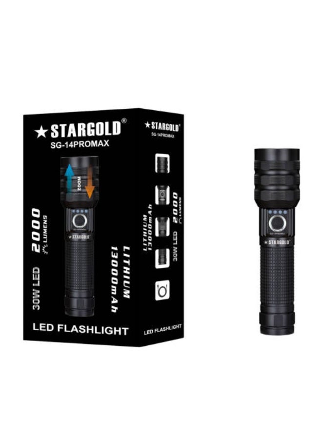 Stargold SG-14PROMAX LED Flashlight – 30W CREE LED, 2000 Lumens, 13000mAh Rechargeable - Image 1