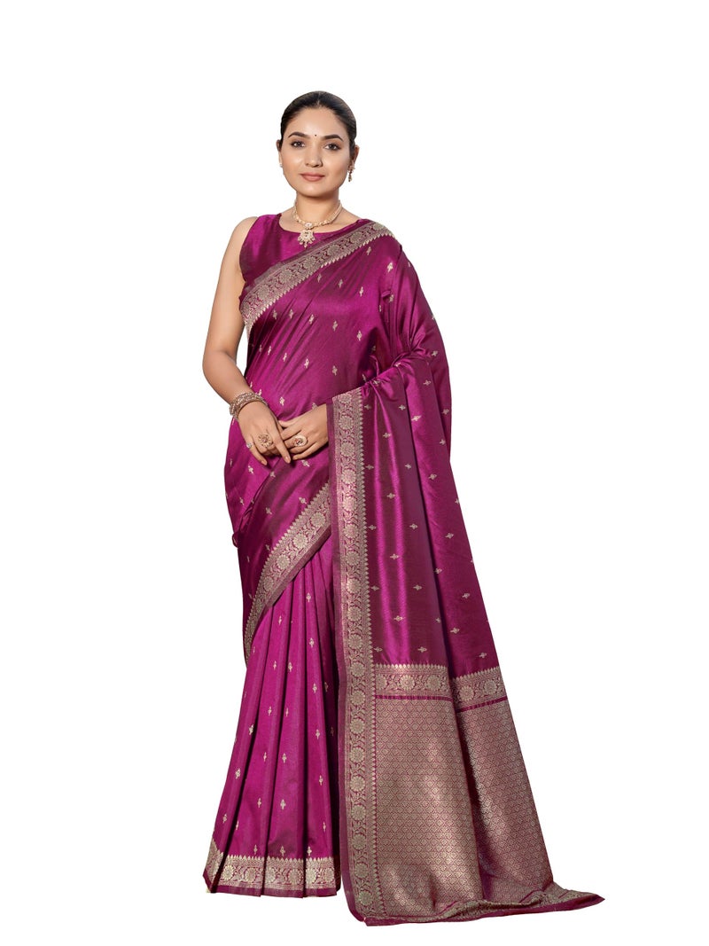 MANOHARI Women's Most Trendy Banarasi Woven Purple Wine Saree With Heavy Jacquard Work Saree With Blouse Piece - Image 1