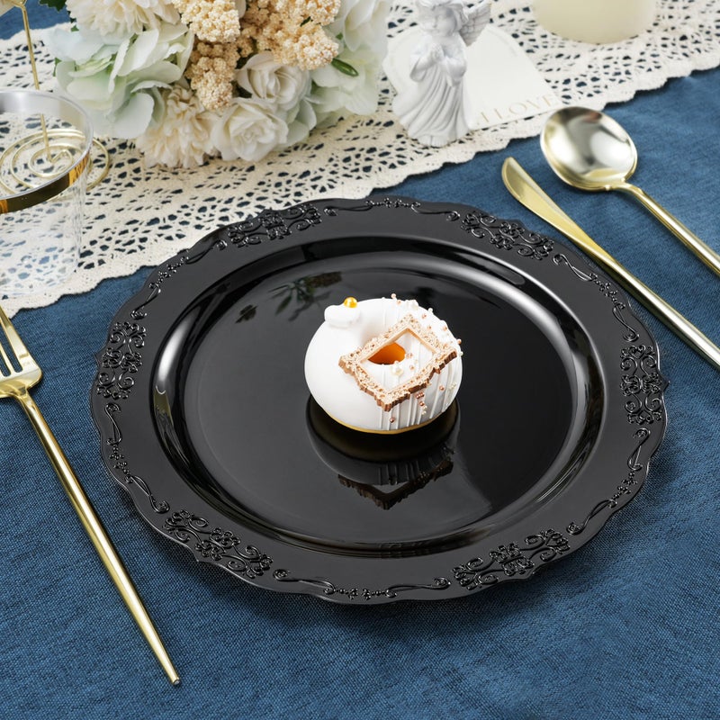 Conflech 100 Pieces Black Plastic Plates - 10.25inch Dinner Disposable Plates - Premium Heavy Duty Hard Disposable Dinner Plates - Party Supplies for Birthdays, Celebrations, Wedding - Image 2
