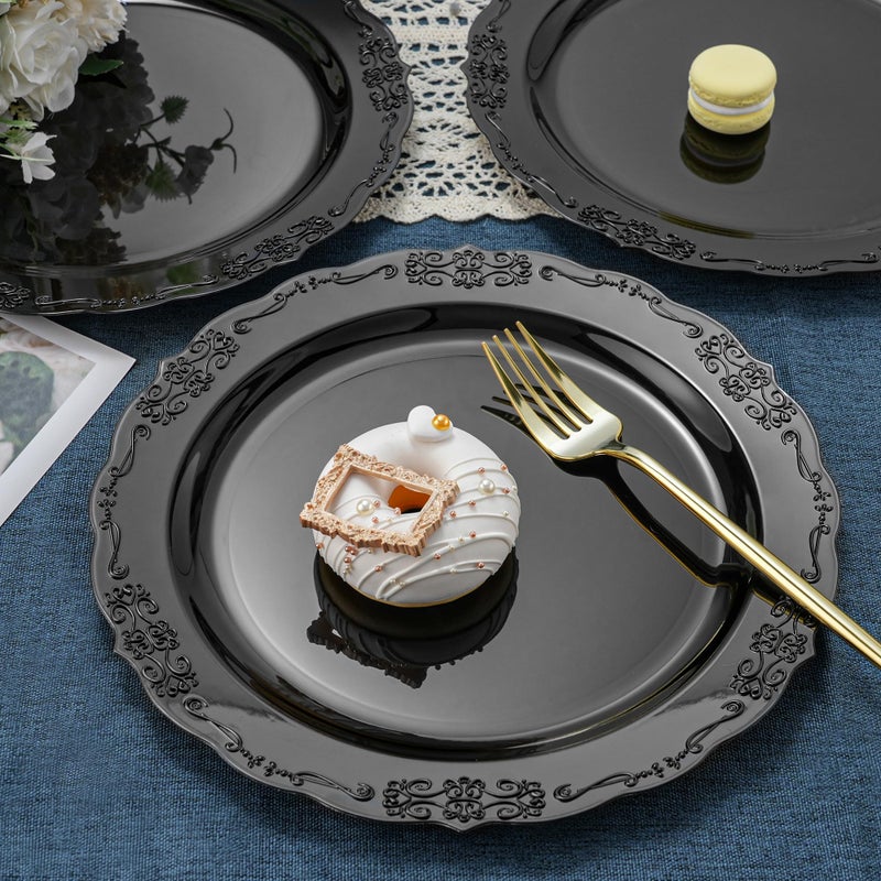 Conflech 100 Pieces Black Plastic Plates - 10.25inch Dinner Disposable Plates - Premium Heavy Duty Hard Disposable Dinner Plates - Party Supplies for Birthdays, Celebrations, Wedding - Image 5