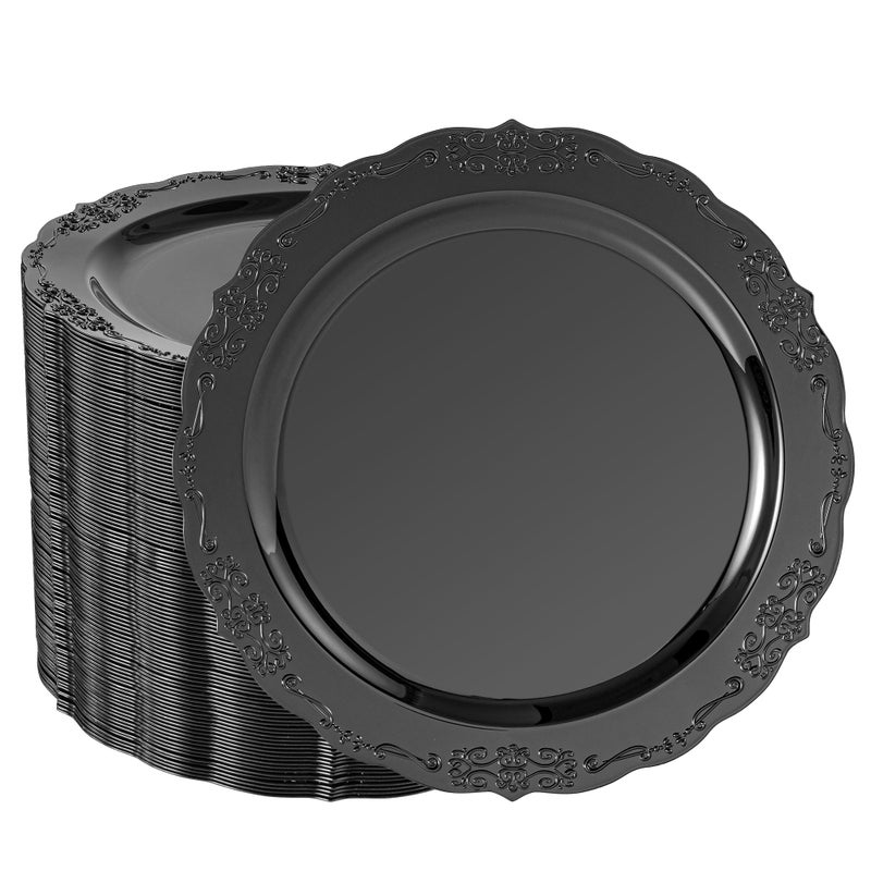 Conflech 100 Pieces Black Plastic Plates - 10.25inch Dinner Disposable Plates - Premium Heavy Duty Hard Disposable Dinner Plates - Party Supplies for Birthdays, Celebrations, Wedding - Image 1