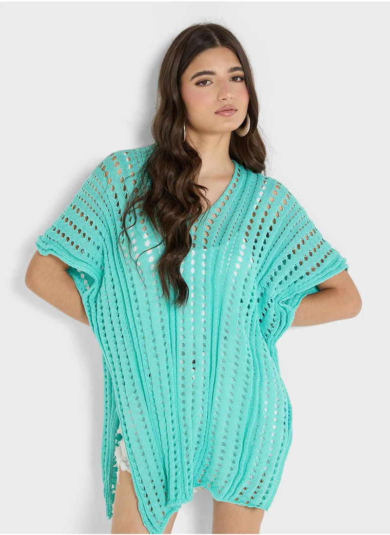 جينجر Openwork Kimono Style Beach Coverup