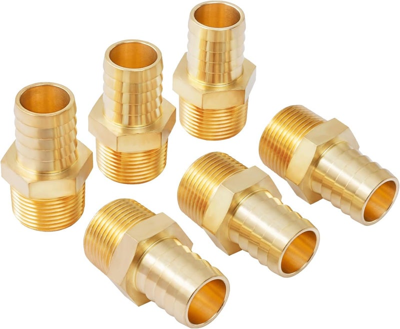 SUNGATOR 1-Inch Hose Barb Fittings, 6-Pack Brass Air Hose Fittings, 1'' Male NPT Pipe Thread × 1-Inch Barb End Adapter, Brass Air Line Repair Kit for Compressor - Image 1