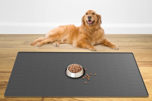 Ultibe 48" x 32" XXXL Largest Pet Food Mat, Silicone Dog Mats for Food and Water, Nonslip Pet Feeding Mats for Floors,Dog Cat Bowl Mat with Raised Edges, Dark Gray - Image 1