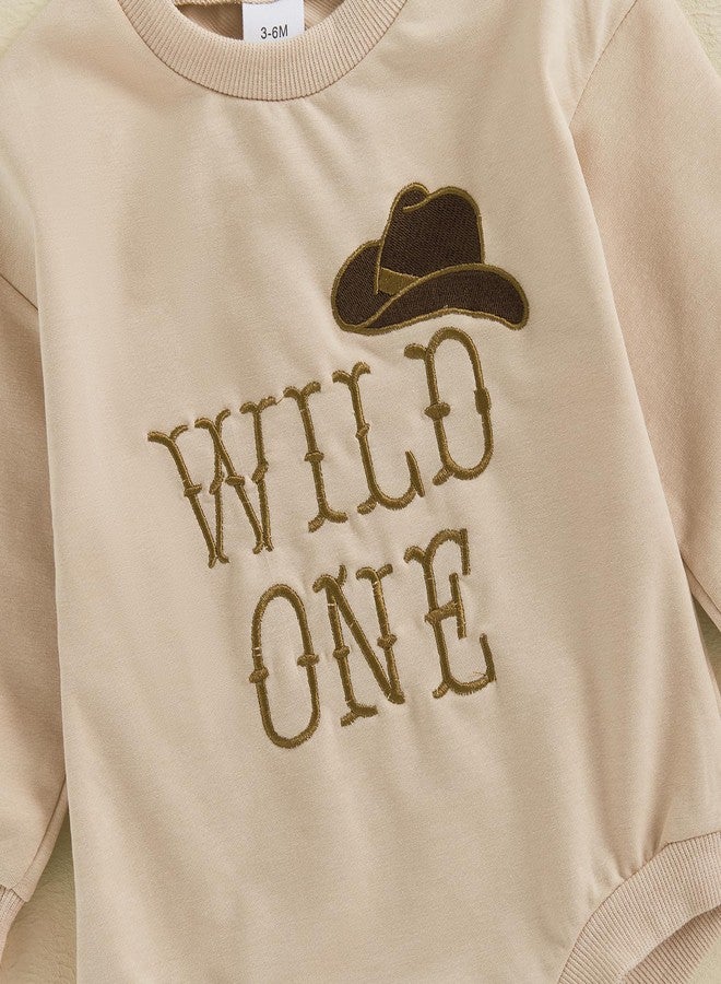 Honganda Baby Boy 1st Birthday Outfit Long Sleeve Cowboy Hat Wild One Bubble Romper Sweatshirt Fall First Birthday Clothes (Khaki, 6-12 Months) - Image 5
