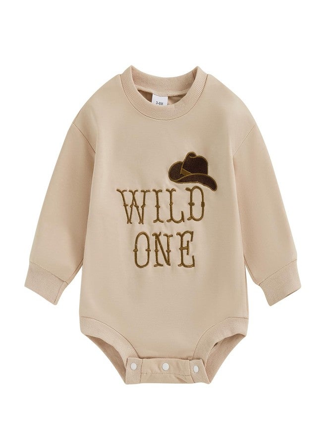 Honganda Baby Boy 1st Birthday Outfit Long Sleeve Cowboy Hat Wild One Bubble Romper Sweatshirt Fall First Birthday Clothes (Khaki, 6-12 Months) - Image 1