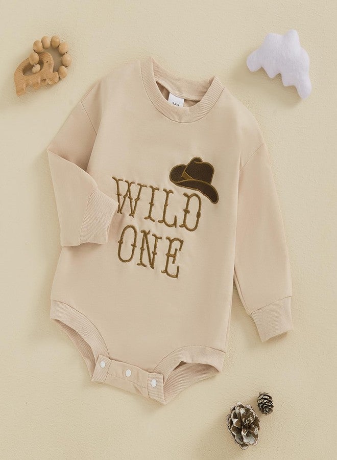 Honganda Baby Boy 1st Birthday Outfit Long Sleeve Cowboy Hat Wild One Bubble Romper Sweatshirt Fall First Birthday Clothes (Khaki, 6-12 Months) - Image 2