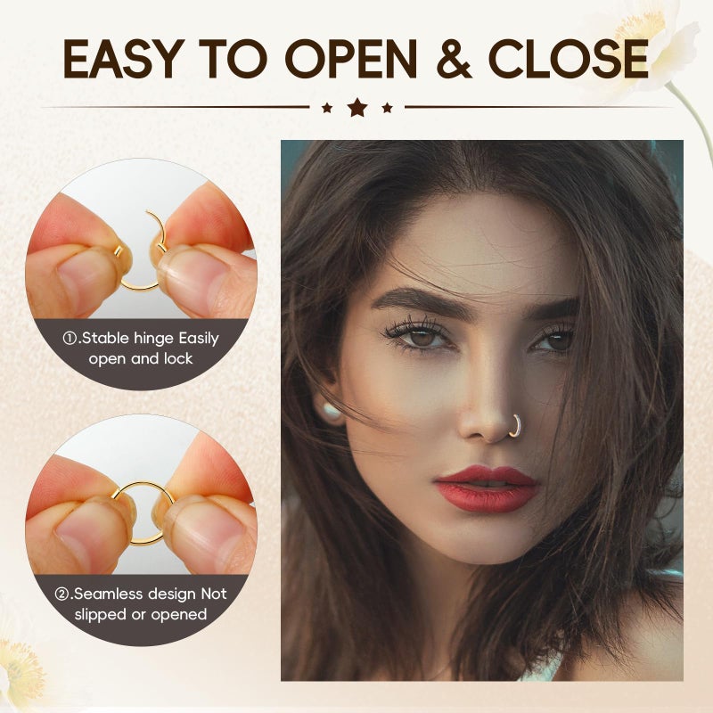 ONESING 20G Gold Nose Ring Hoop Stainless Steel Nose Hoop Hypoallergenic Hinged Hoop Nose Rings Nose Piercings Jewelry Septum Helix Cartilage Conch Lip Tragus Body Piercings for Women Men 8mm - Image 4