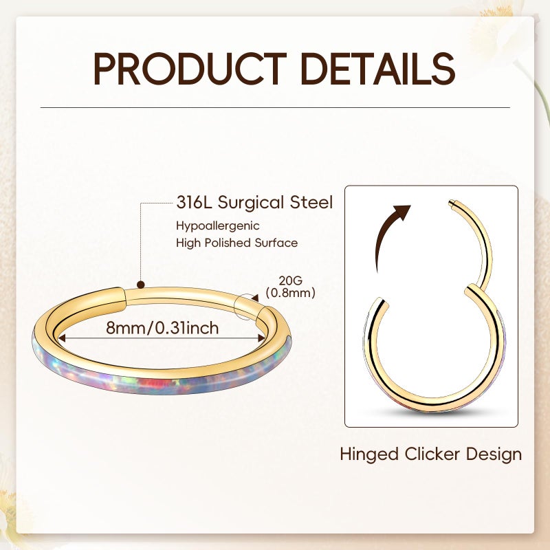 ONESING 20G Gold Nose Ring Hoop Stainless Steel Nose Hoop Hypoallergenic Hinged Hoop Nose Rings Nose Piercings Jewelry Septum Helix Cartilage Conch Lip Tragus Body Piercings for Women Men 8mm - Image 2