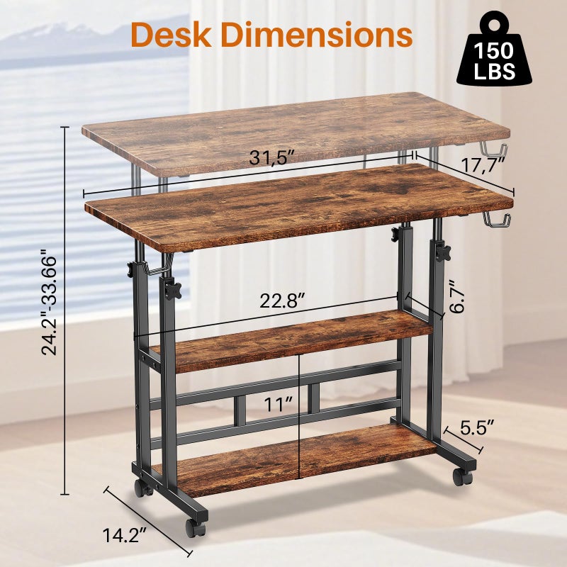 BYMECOST Adjustable Height Standing Desk, Rolling Stand Up Desk with Storage Shelves, 31.5" Small Mobile Computer Desk, Portable Laptop Table (Simple Brown) - Image 2