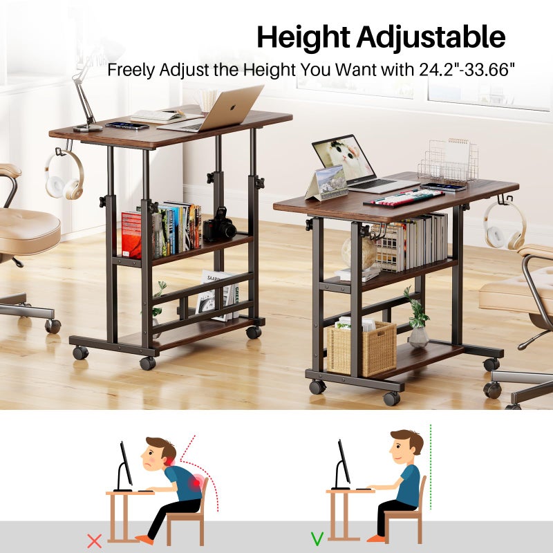 BYMECOST Adjustable Height Standing Desk, Rolling Stand Up Desk with Storage Shelves, 31.5" Small Mobile Computer Desk, Portable Laptop Table (Simple Brown) - Image 3
