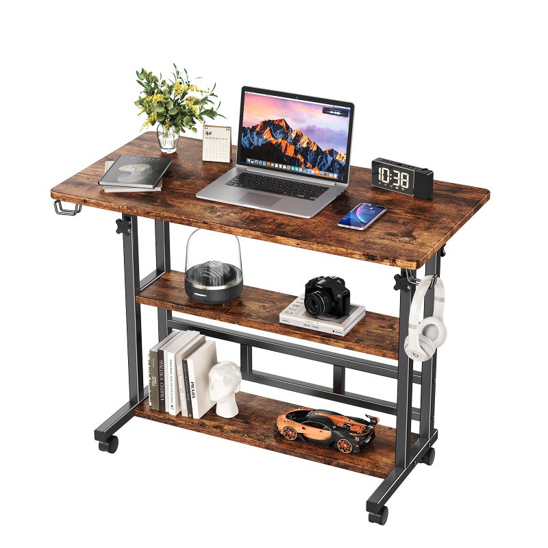 BYMECOST Adjustable Height Standing Desk, Rolling Stand Up Desk with Storage Shelves, 31.5" Small Mobile Computer Desk, Portable Laptop Table (Simple Brown) - Image 1